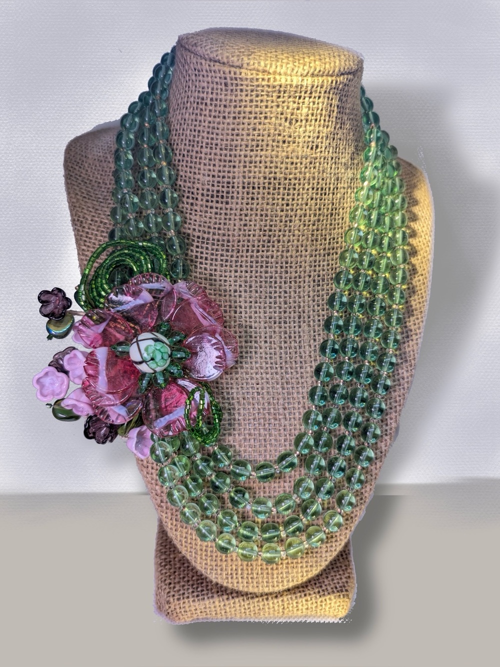 Alla Volta Italian Murano glass Flower Garden Torsade necklace green pink 22”